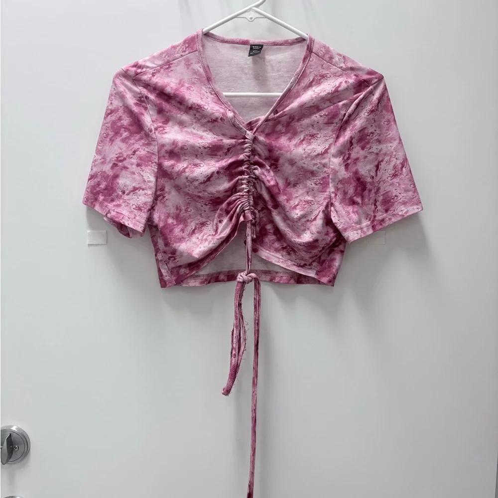 SHEIN Sz 0XL Pink Tie-Dye Ruched Crop Top